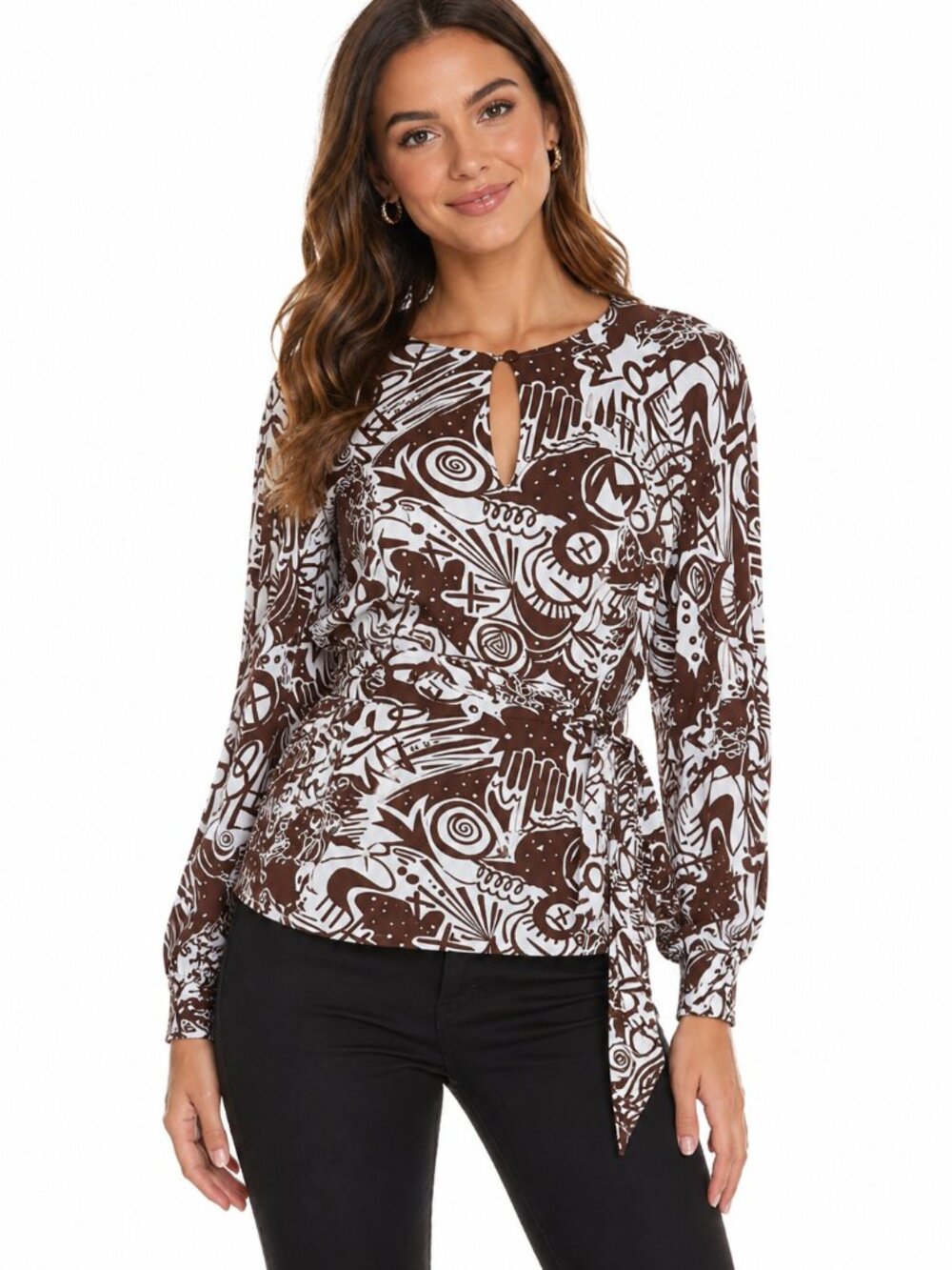 Marc Bouwer Belted Brown and White Women's Top Size Medium